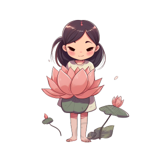 赤脚小女孩手持莲花卡通插画图片