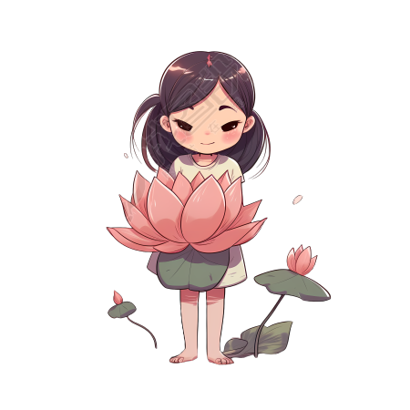 赤脚小女孩手持莲花卡通插画图片