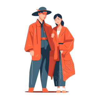 亚洲风格男女白底插画UI设计素材