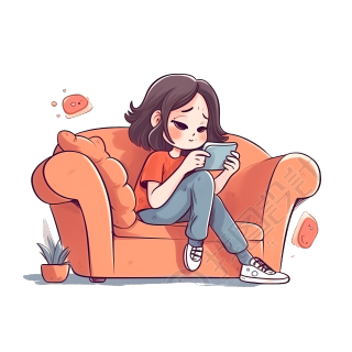卡通女孩沙发上玩手机素材