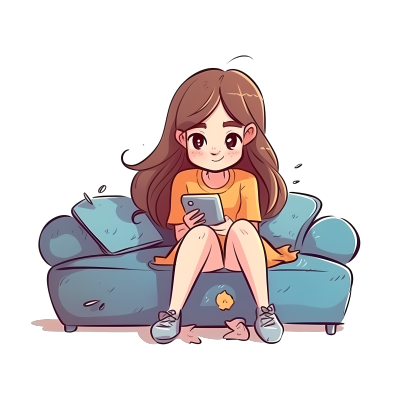 长发少女玩手机卡通矢量图