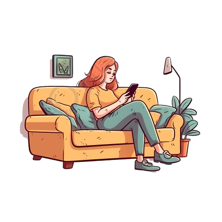 温馨居家环境女孩玩手机卡通矢量插画素材
