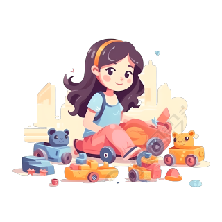 白底扁平插画玩小熊火车的女孩