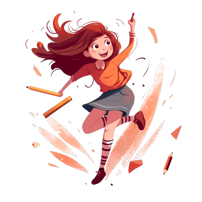 女孩手拿铅笔奔跑插画