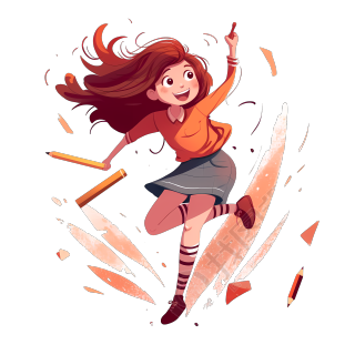 女孩手拿铅笔奔跑插画
