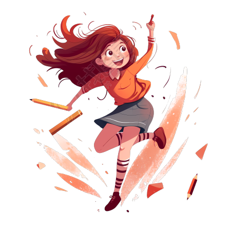 女孩手拿铅笔奔跑插画