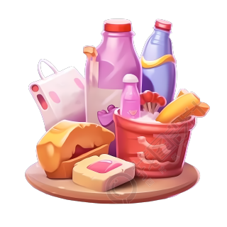 摆满饮料的实木置物台插画