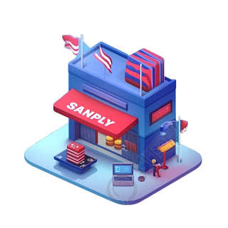 3D立体街边小店插画png素材
