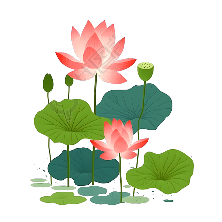 粉色荷花绿色荷叶莲蓬插画素材