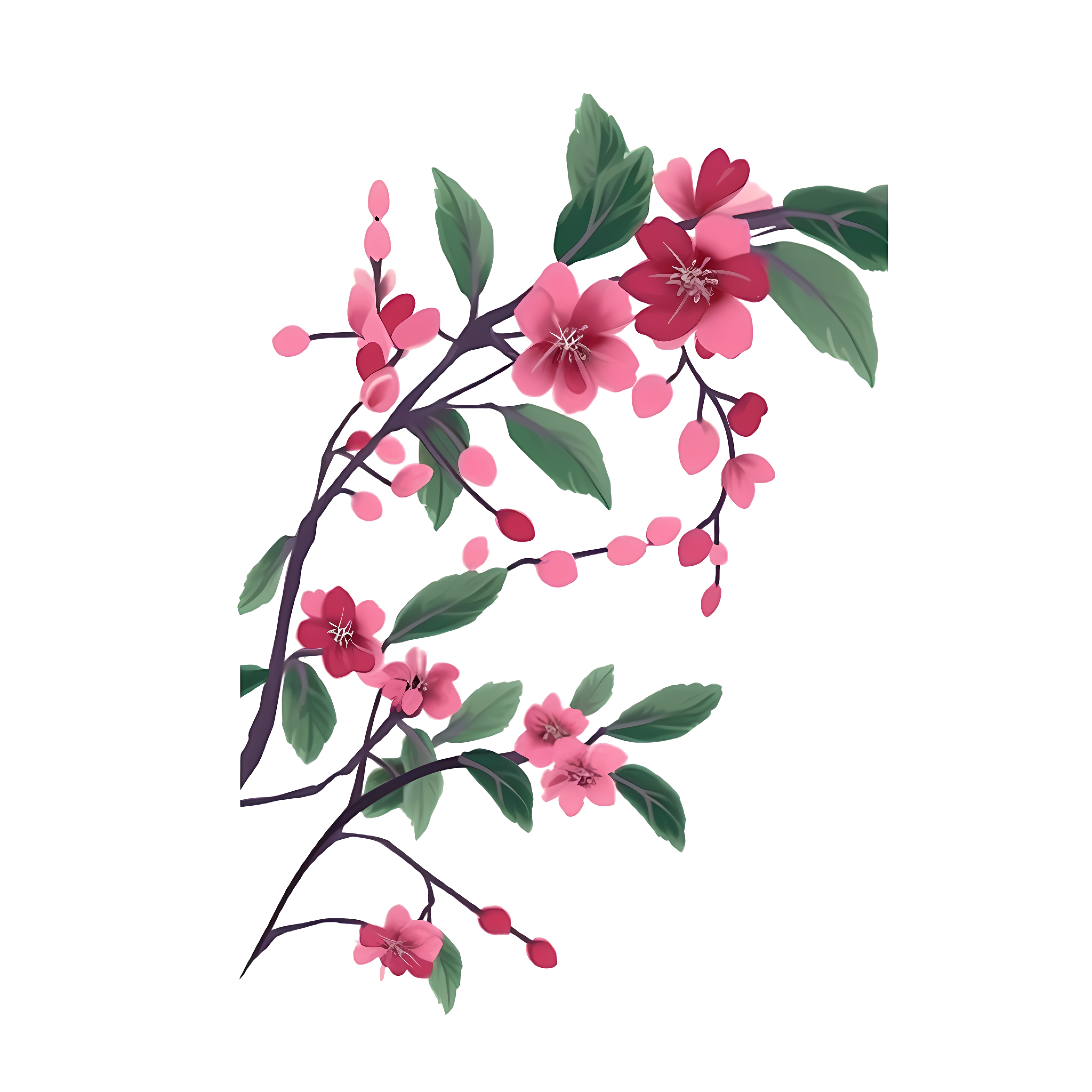 一支粉色花朵绿叶渐变墨水风格