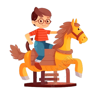 坐在木马上的前后摆动的小男孩图片