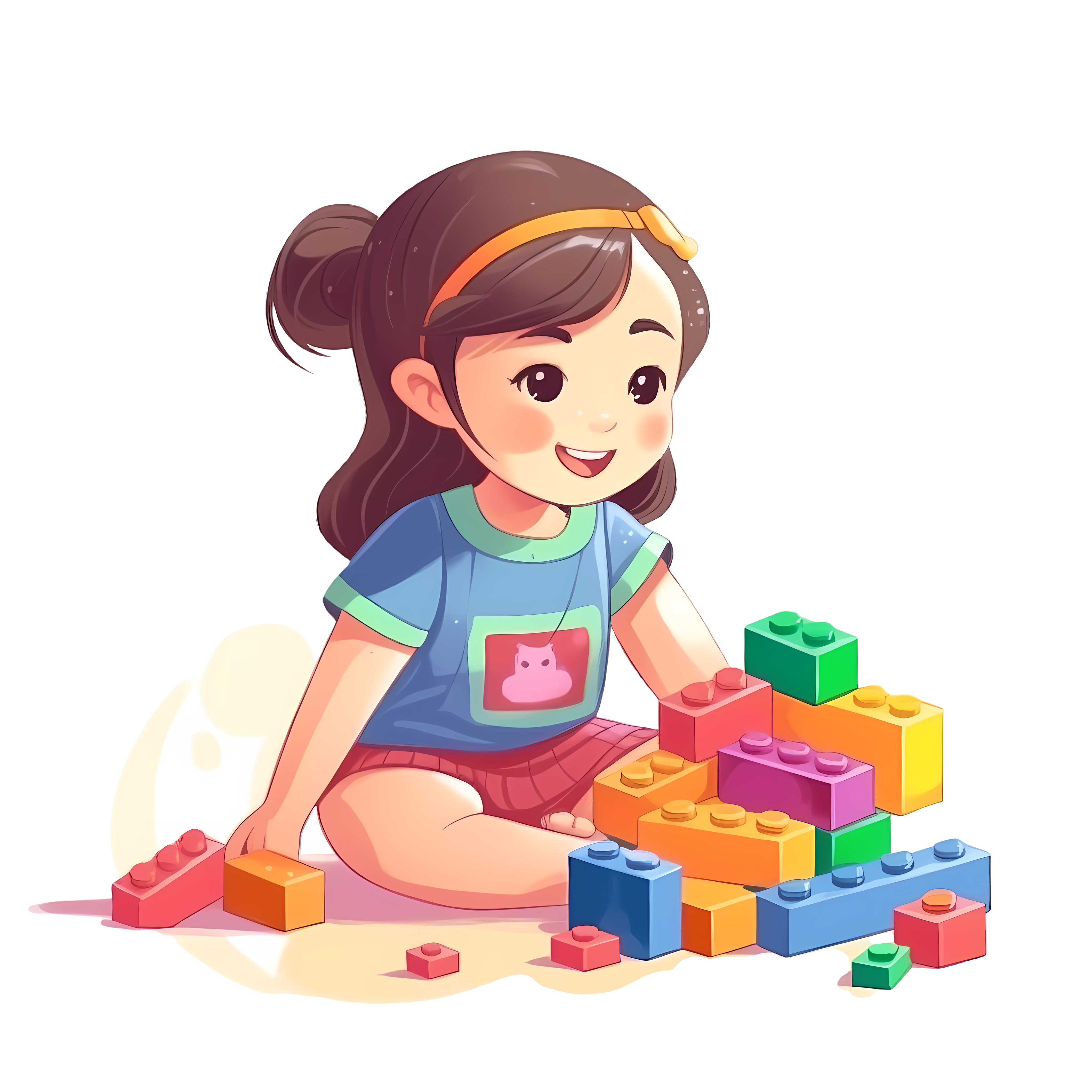 带黄色发夹的可爱女孩玩玩具插画
