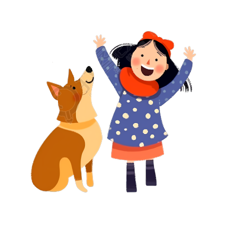 手绘开心的小女生和狗狗插画