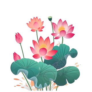 水生植物唯美荷花莲蓬插画