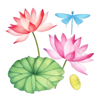 手绘荷花龙蜻蜓插画PNG素材