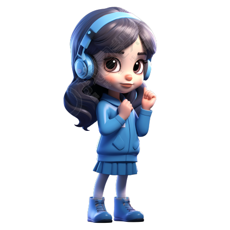 穿蓝色校服带耳机的女生插画
