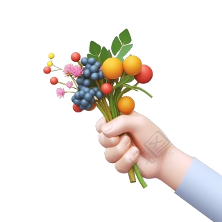 卡通手拿水果鲜花花束插画
