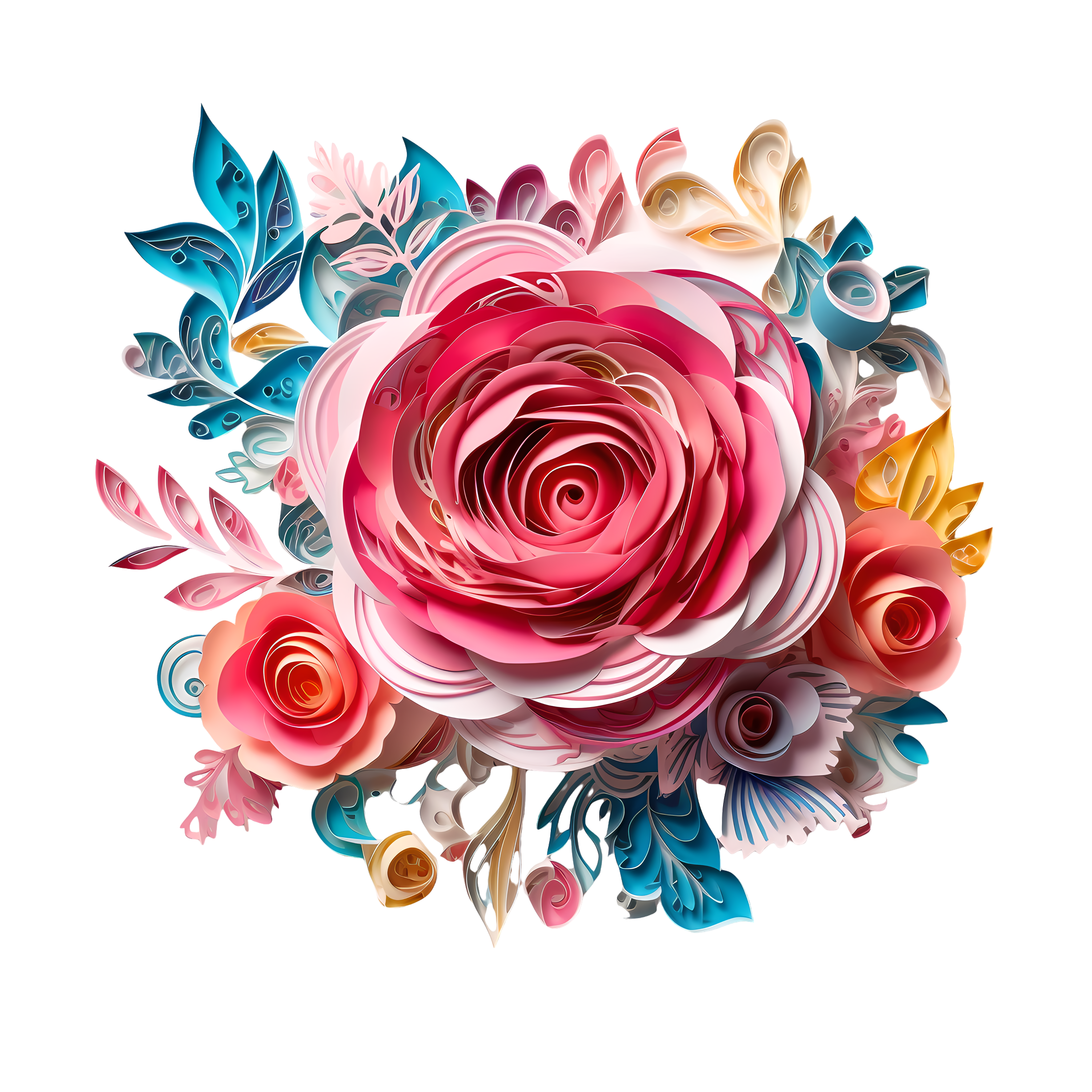 唯美剪纸艺术玫瑰花商用PNG