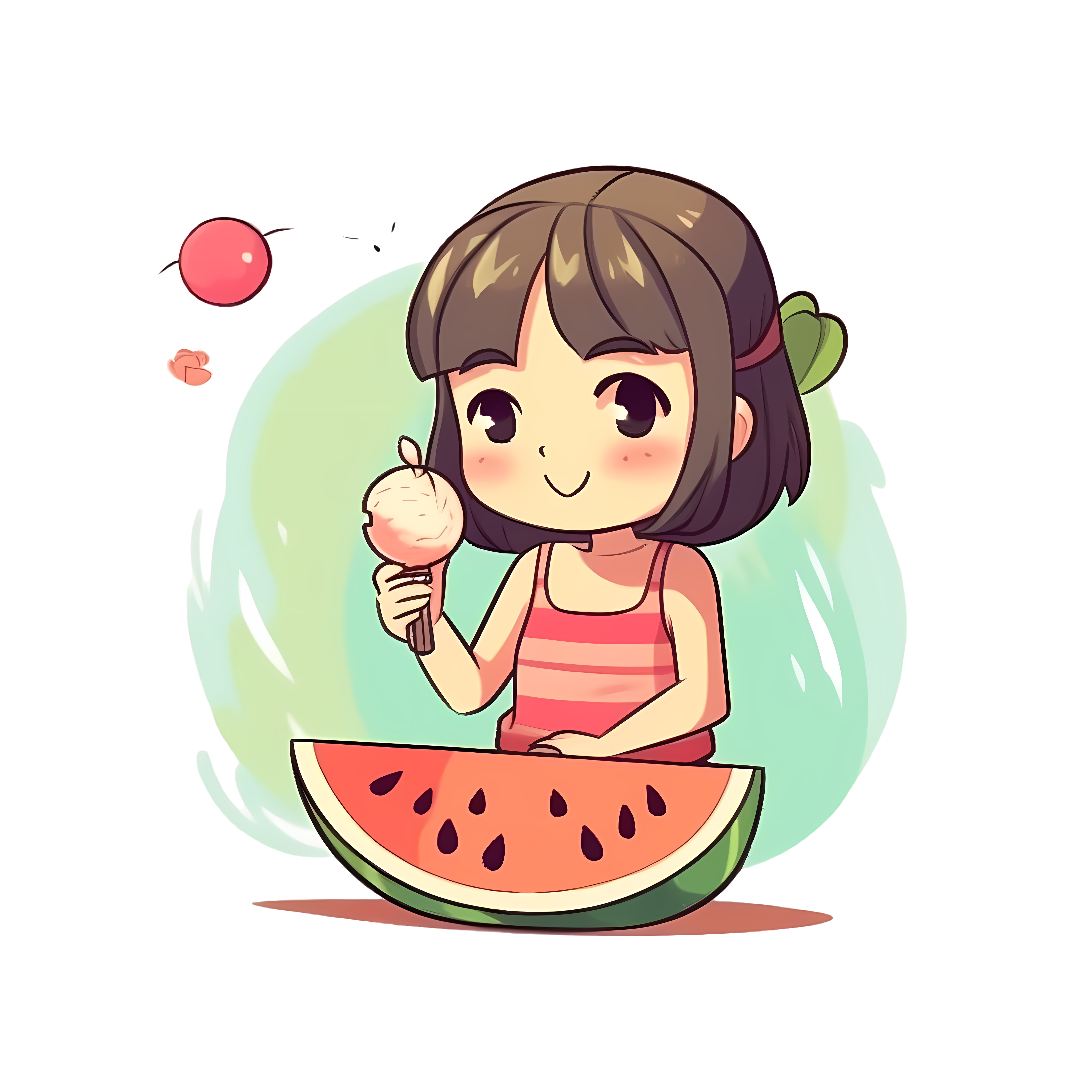 可商用夏日小女孩吃西瓜PNG插画