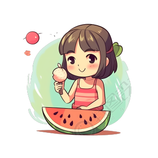 可商用夏日小女孩吃西瓜PNG插画