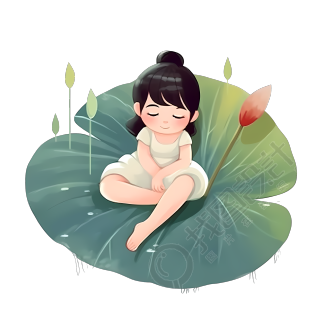 闭眼的小女孩坐在荷叶上创意设计元素