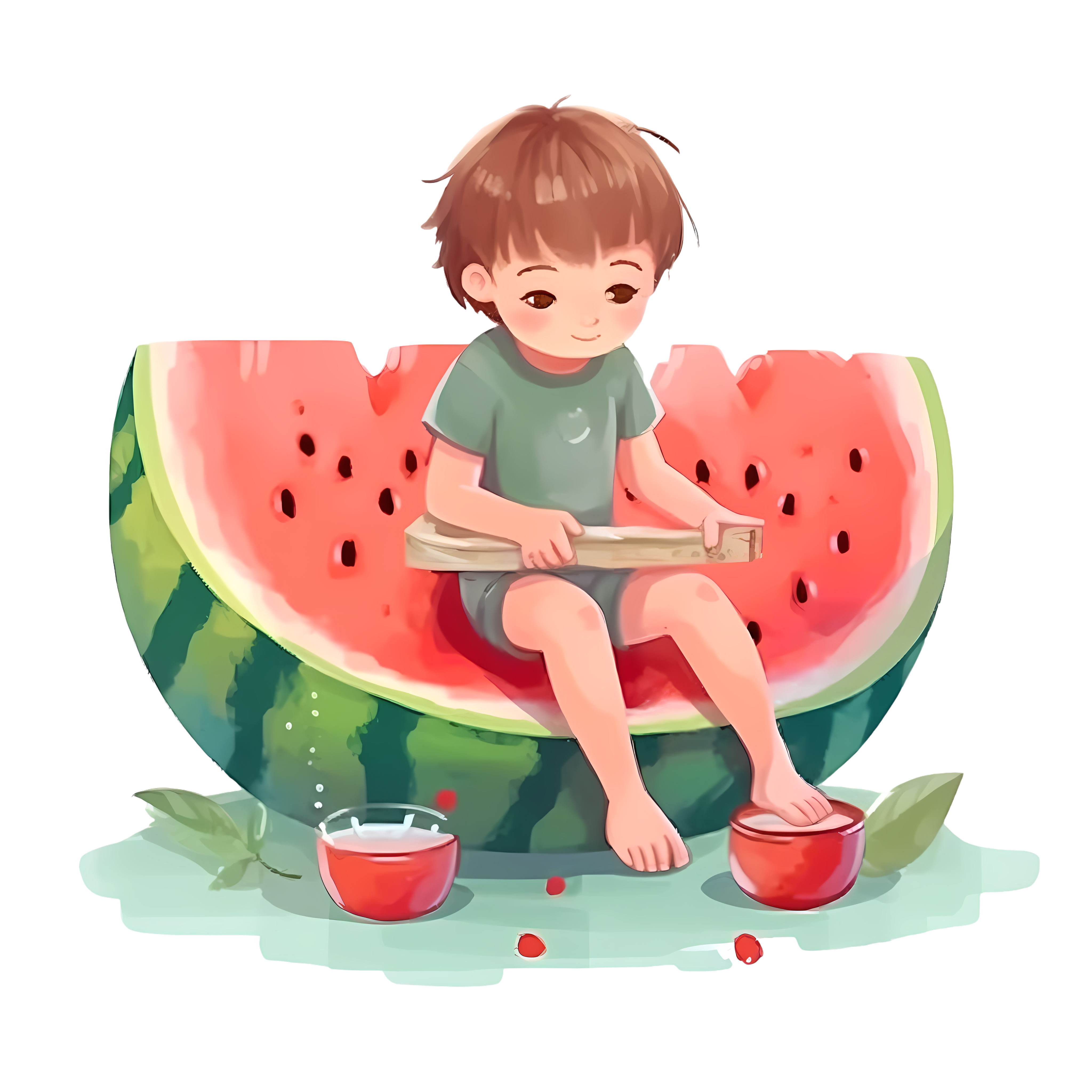 创意绘画坐在西瓜上的小男生素材