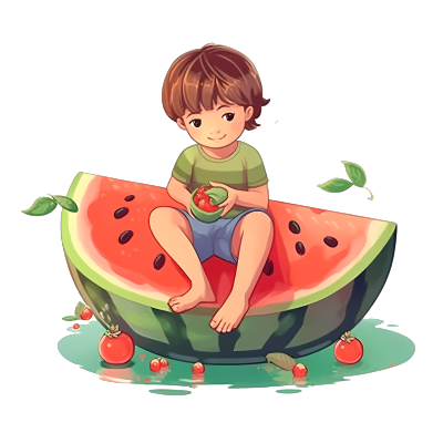 透明背景吃西瓜的小男孩商用插画