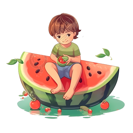 透明背景吃西瓜的小男孩商用插画