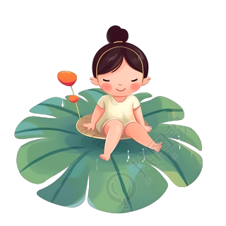 小清新荷叶上的小女孩插画素材