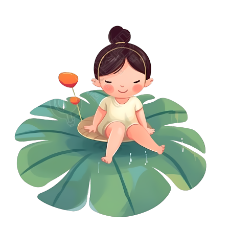 小清新荷叶上的小女孩插画素材