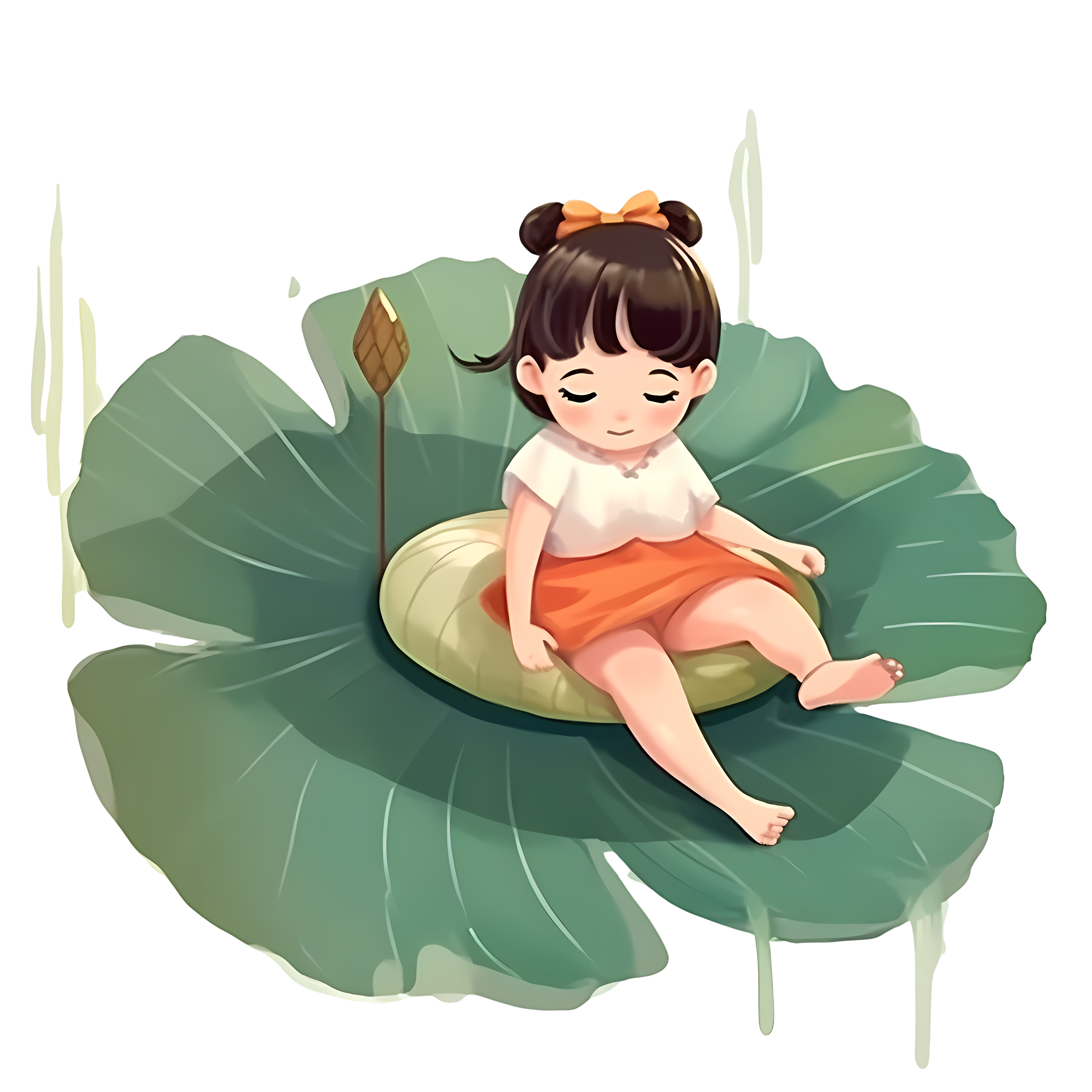 坐在荷叶上的古风小女生插画