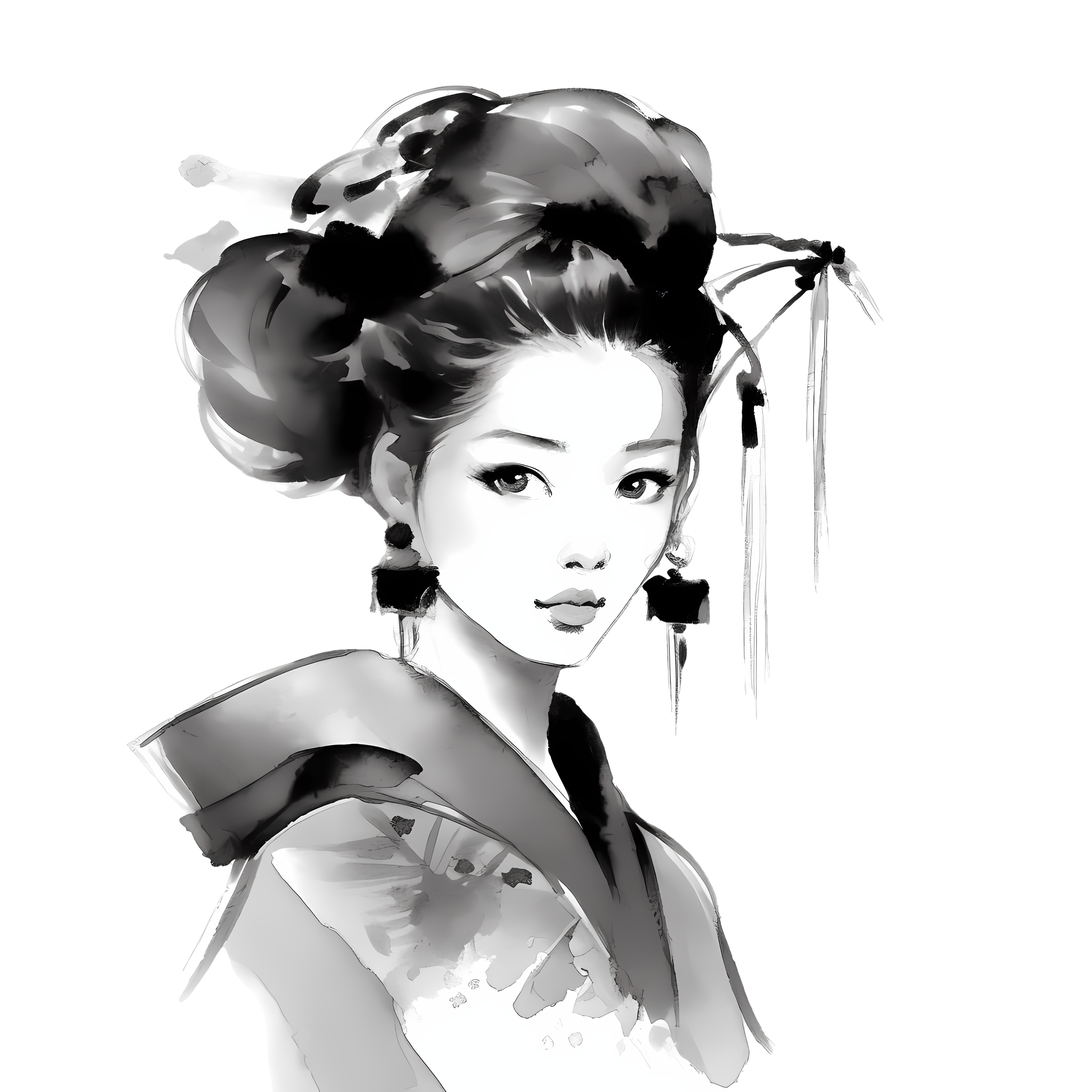 中国水墨风格女性插画PNG素材