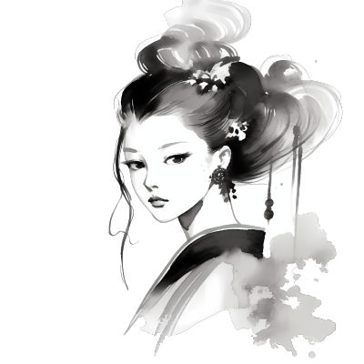 中国水墨风格女性插画PNG素材