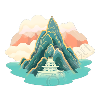 国潮风山水亭台楼阁PNG素材
