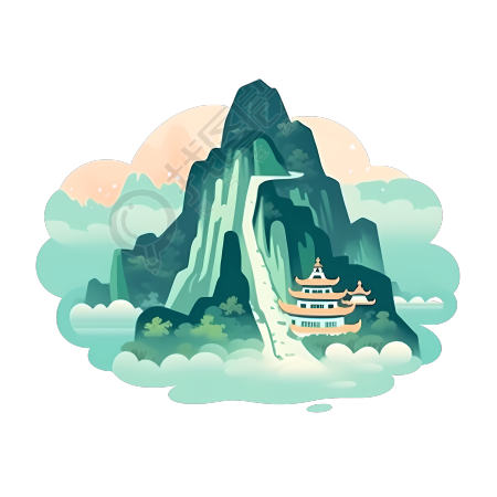 透明背景古风山水阁楼素材