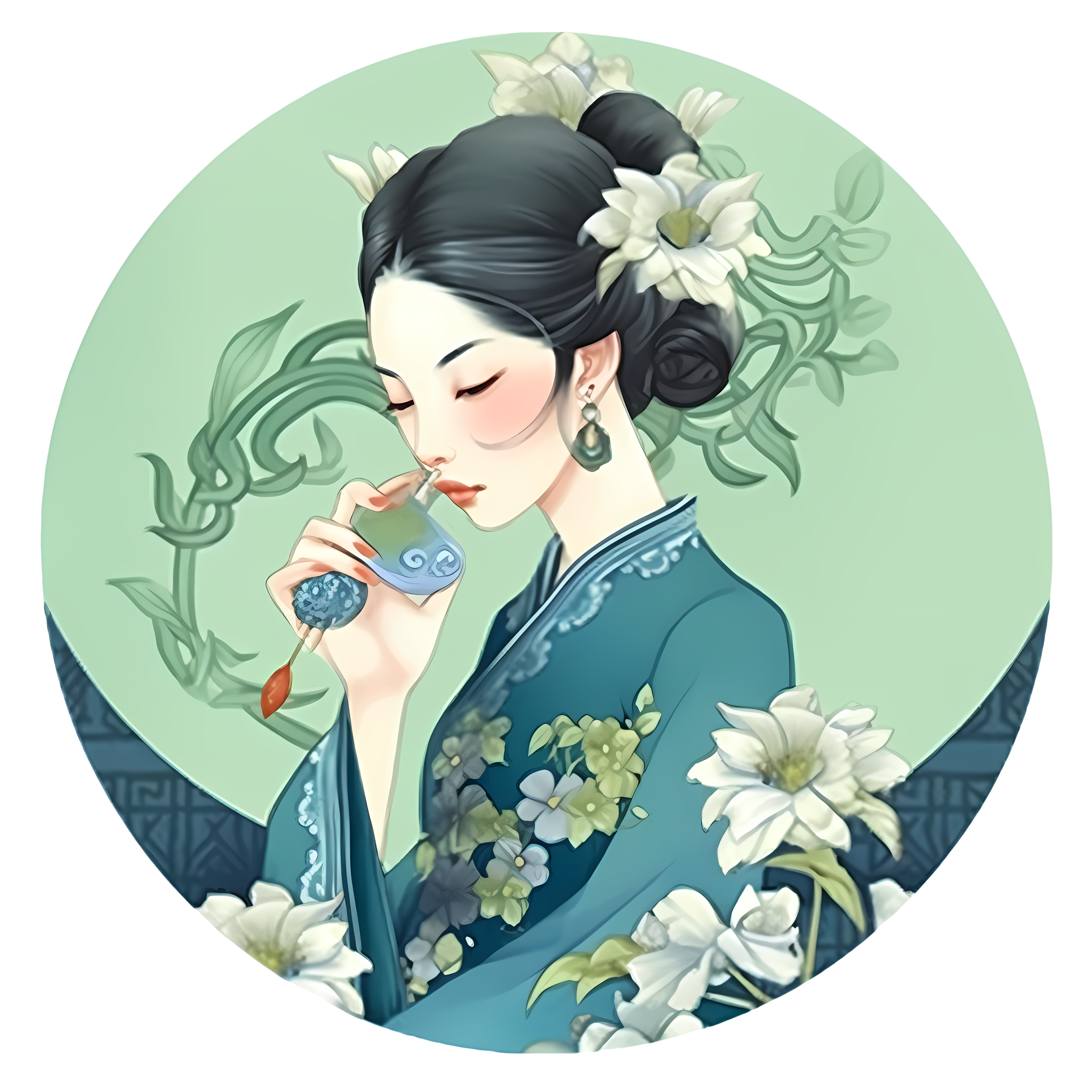 精美插画设计素材绿色圆形古风女子插画