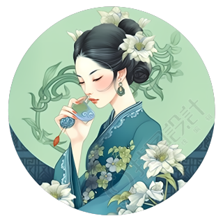 精美插画设计素材绿色圆形古风女子插画