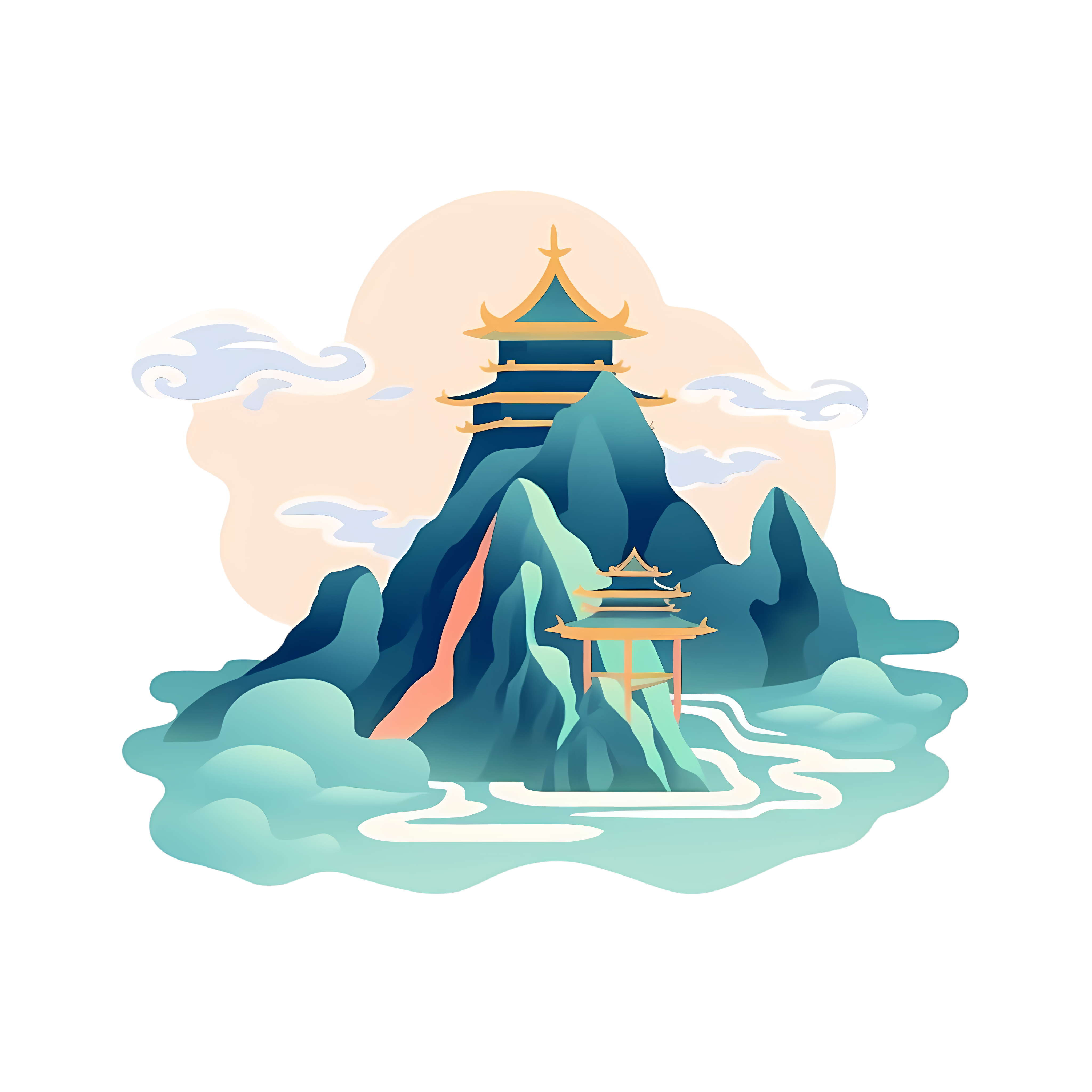 高清透明背景国潮风山水亭台插画设计素材