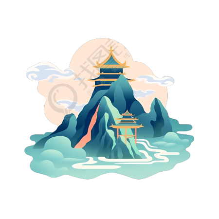 高清透明背景国潮风山水亭台插画设计素材