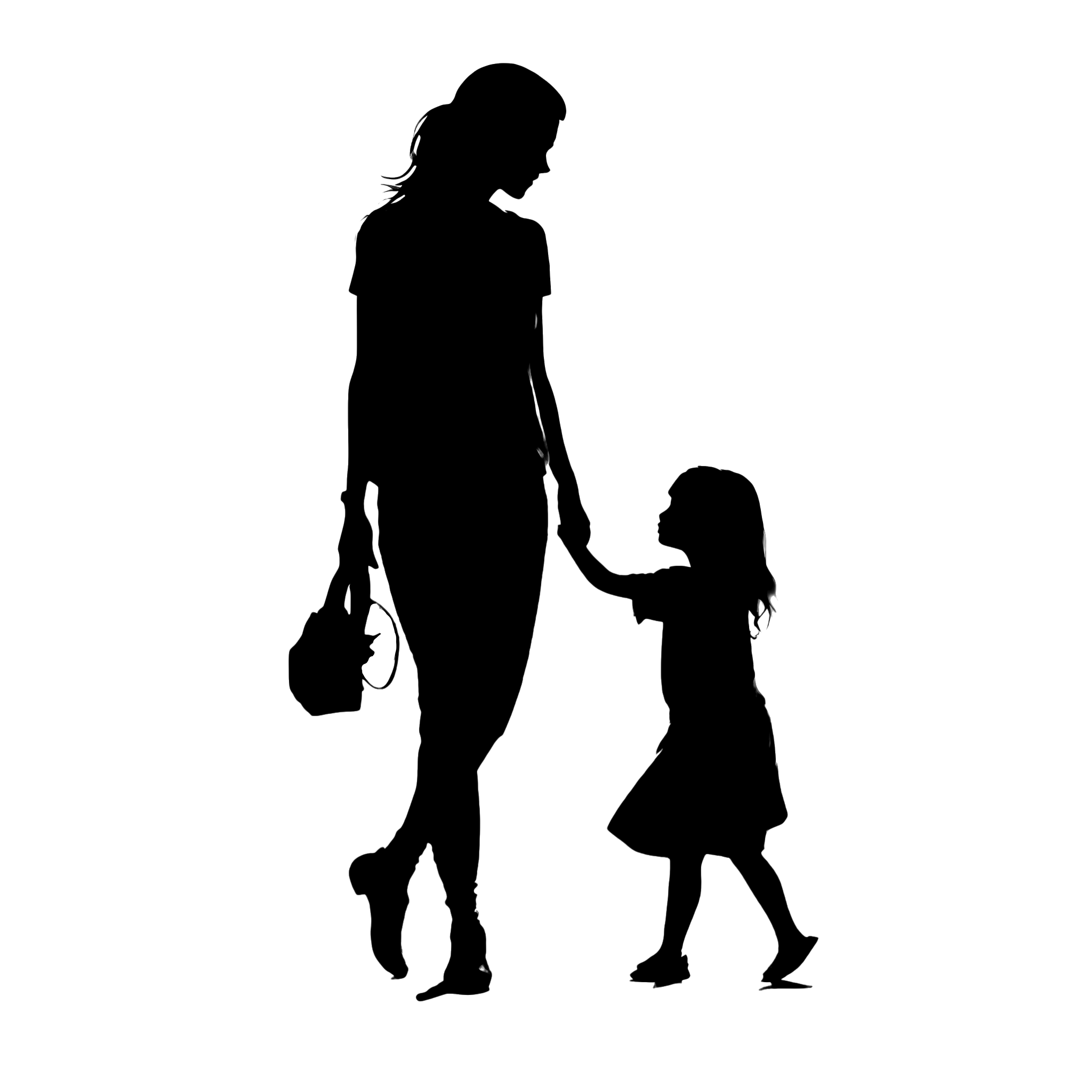 手绘母亲牵着孩子剪影PNG素材
