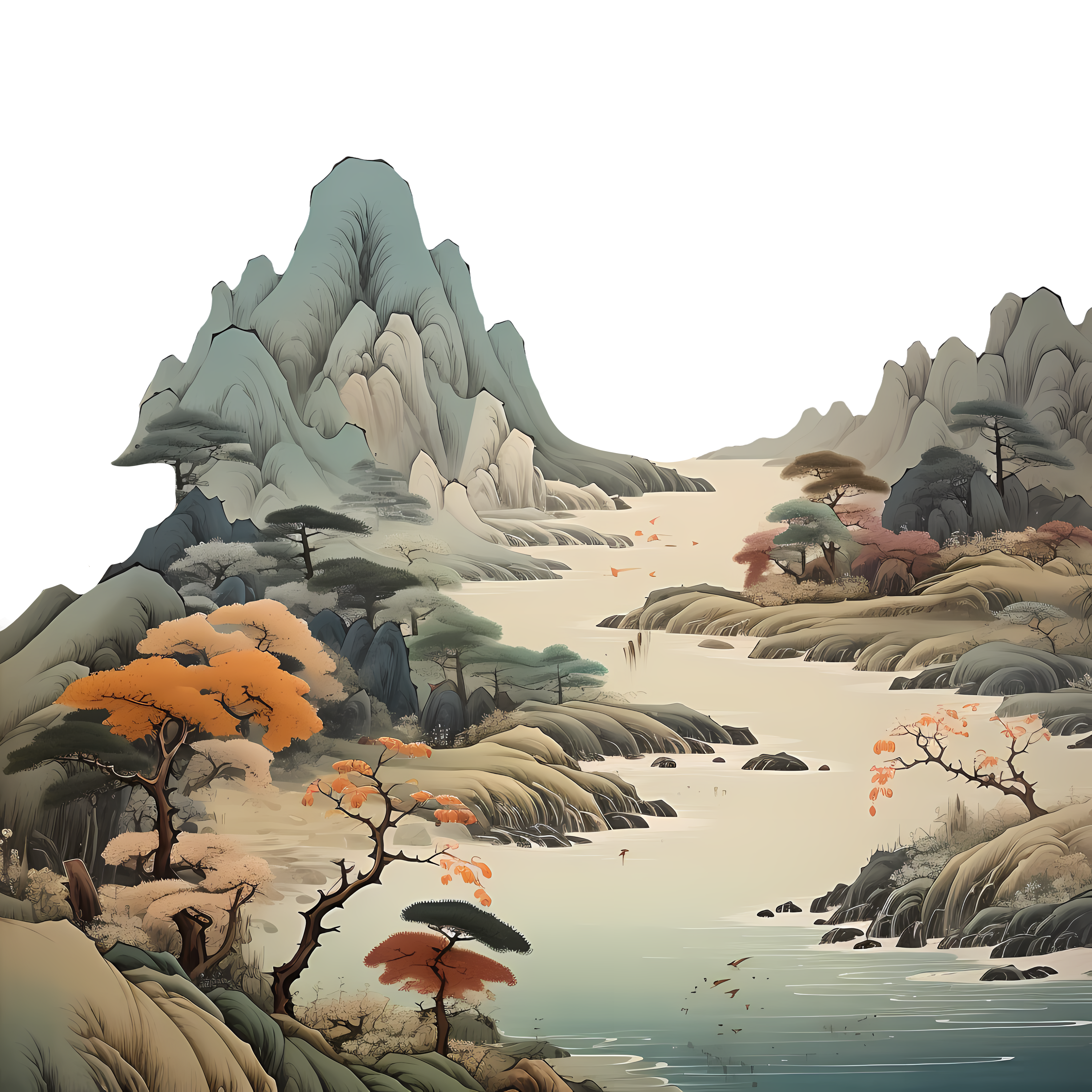 远山河流树木风景唯美插画