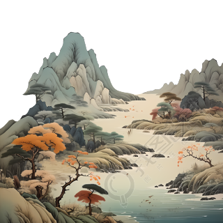 远山河流树木风景唯美插画