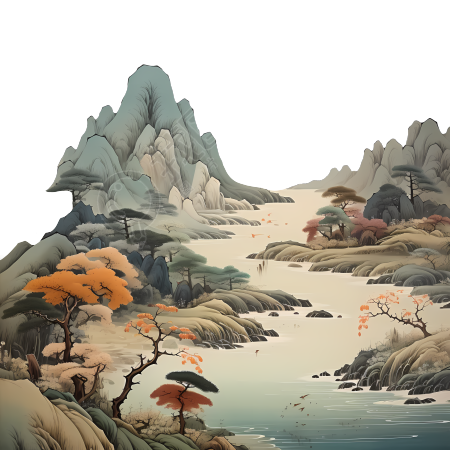 远山河流树木风景唯美插画