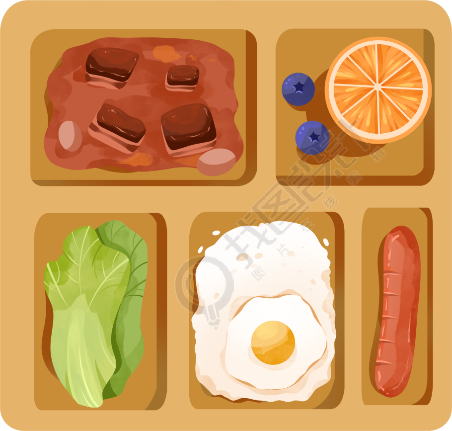 餐盘盛放美味食物插画素材
