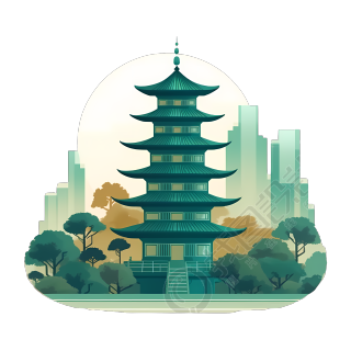 插图设计多层次现实感的绿色塔楼插图