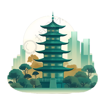 插图设计多层次现实感的绿色塔楼插图