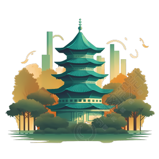 多层实境风格的绿色宝塔插画
