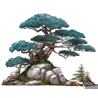彩色动画静态图的盆栽树和石头素材