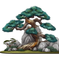 石头雕塑和盆景树的图形素材
