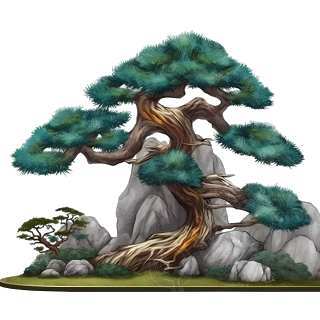 石头雕塑和盆景树的图形素材